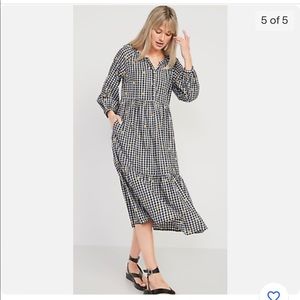 NEW Old Navy Black White Gingham Daisy Floral Midi Swing Dress